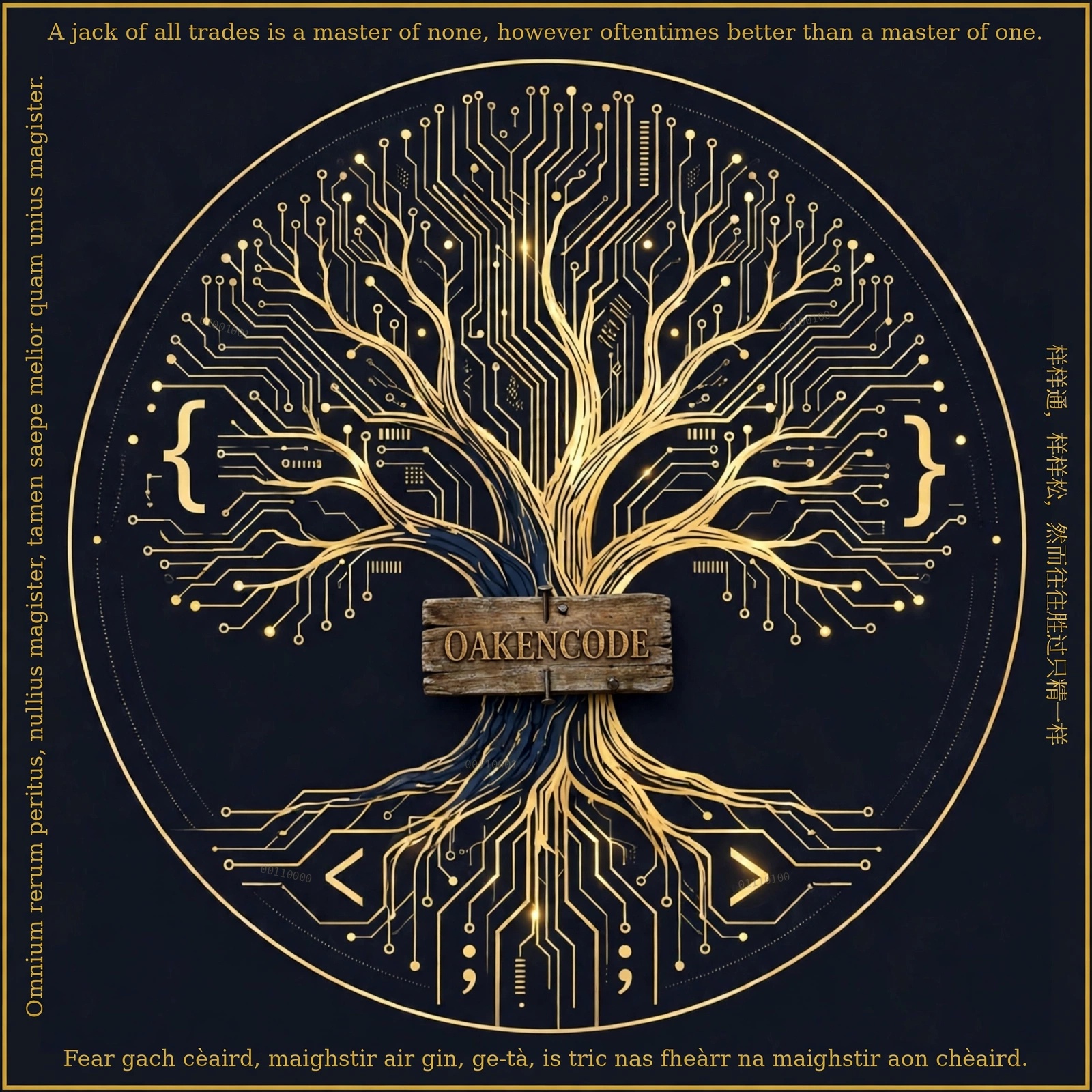 Oakencode seal — golden circuit-tree with the company motto in four languages